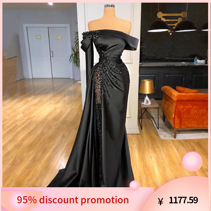 Yipeisha Off-shoulder Black Pageant Party Gown Luxury Pearls