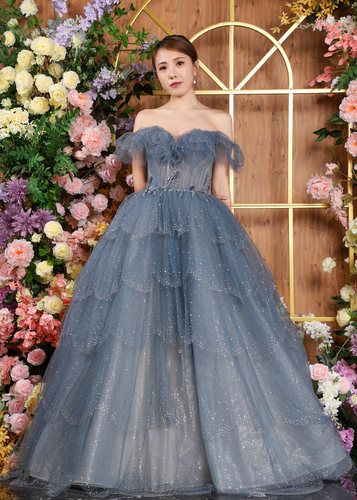 Women Long Blue Tulle Off Shoulder A-Line Empire Prom Sparkl