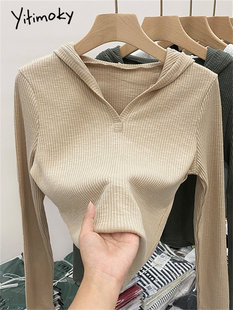 Yitimoky Hooded T Shirts for Women Fall Winter New Slim Y2k
