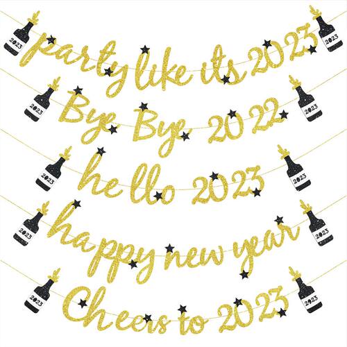 Glitter Happy New Year 2023 Paper Banner Star Champagne Bott