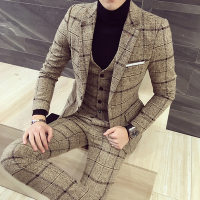 (Jackets+Vest+Pants) 2022 Men plaid business Blazers/Male sl