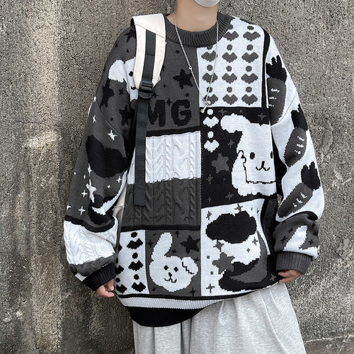 ZAZOMDE Autumn Cartoon Knit Sweater Male Winter Loose Fashio