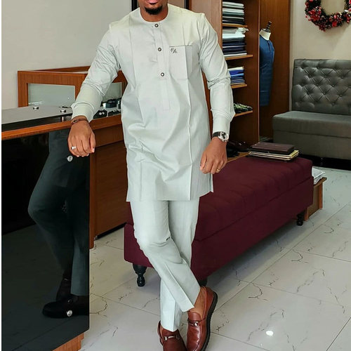 Men's Set Ethnic Style Solid Color Pockets Long-sleeved Top