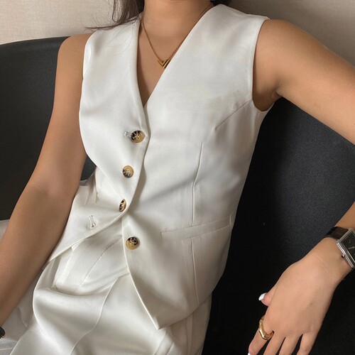 Women's Suit Vest Jacket Nylon Blended V Neck Solid Black Wh