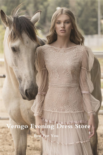 Verngo Elegant Light Champagne Dotted Tulle Prom Dresses Puf