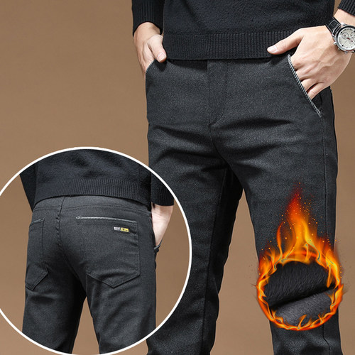 Winter New Men's Fleece Casual Pants Thick Fashion Straight