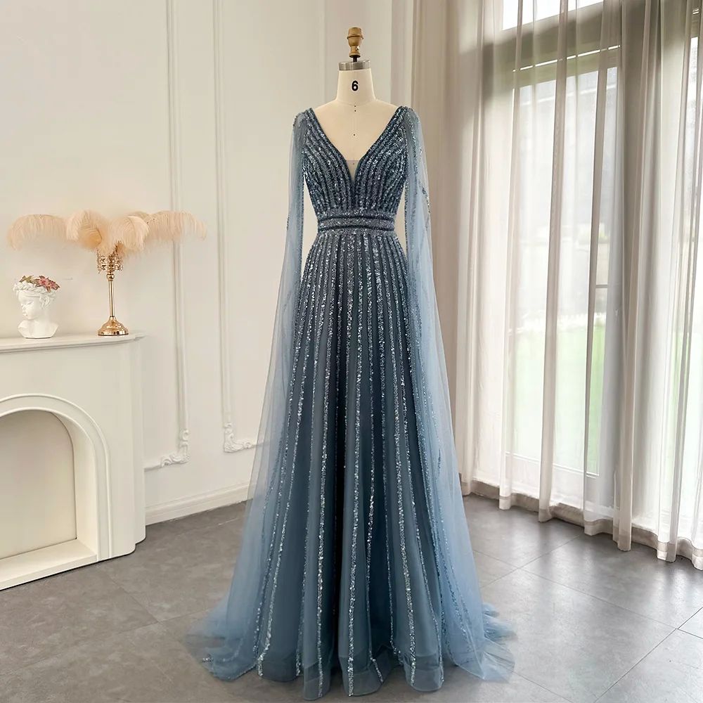 Sharon Said Luxury Blue Dubai Evening Dresses with Cape Slee