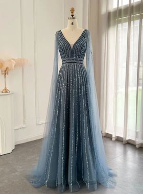 Sharon Said Luxury Blue Dubai Evening Dresses with Cape Slee