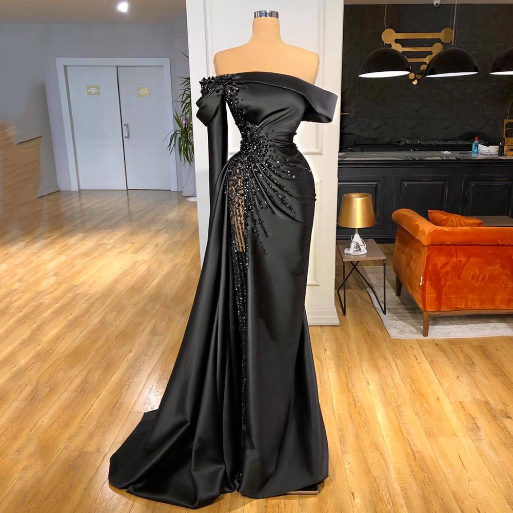 Yipeisha Off-shoulder Black Pageant Party Gown Luxury Pearls