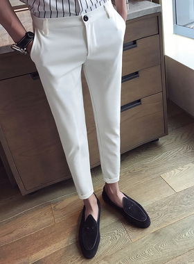 New Casual White Mens Pants Nine-point Trousers Feet Slim Br