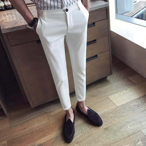 New Casual White Mens Pants Nine-point Trousers Feet Slim Br