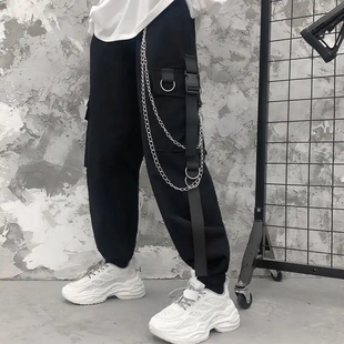 Cargo Pants Men Chains Pocket Punk Black Sweatpants Gothic H