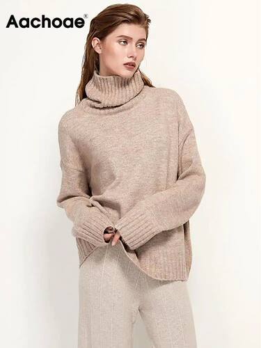 Aachoae Autumn Winter Women Knitted Turtleneck Wool Sweaters