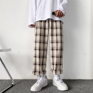 HOUZHOU Plaid Pants Men Linens Korean Checked Trousers Male