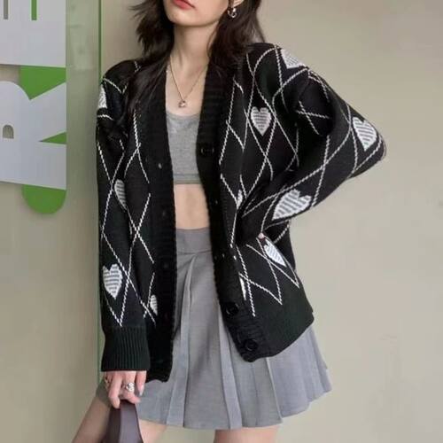 Women Knitted Cardigan Argyle Heart Pattern Jacquard Sweater