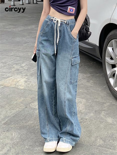 Circyy Blue Jeans for Women High Waisted Denim Cargo Pants D