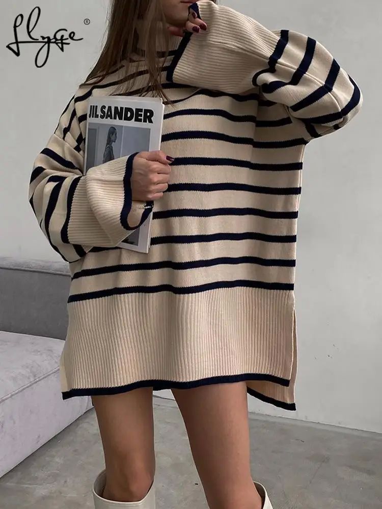 Striped Split Turtleneck Women Sweater Long Flare Sleeve Kni