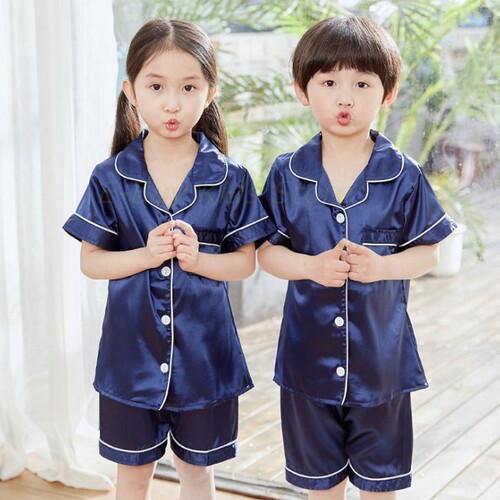 Children Pyjama Sets Silk Satin Sleepwear Summer Short Sleev