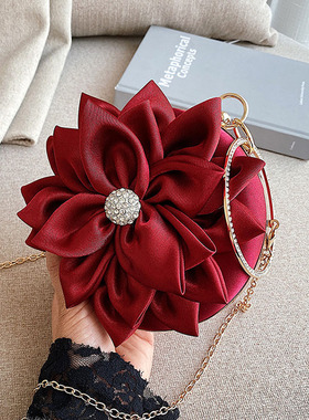 Red Flower Clutch Purse  Women Round  Evening Bag Crystal Di