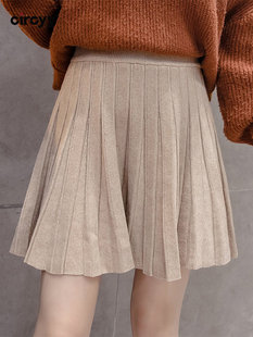 Circyy Pleated Skirt Knitted High Waist A-Line Solid Casual
