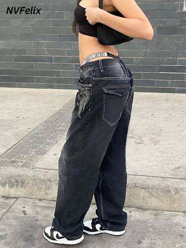 Harajuku Printed Cargo Jeans Y2K Dark Blue Brown High Waist