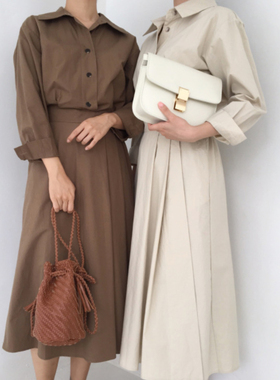 Chic Autumn Midi Shirt Dress Ladies Button Turndown Neck Sli