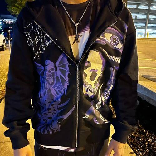 Men's Rhinestone Skull Purple Print Setwear Oversized Hoodie