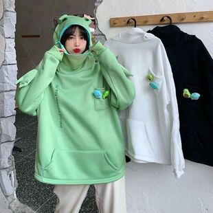Woman Kawaii Frog Hoodies Sweatshirt  Black Green Long Sleev