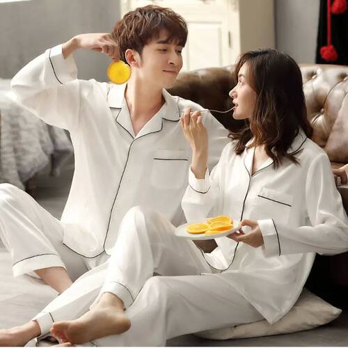 Solid Color Sleepwear Silk Satin Pajamas couple Set Long But
