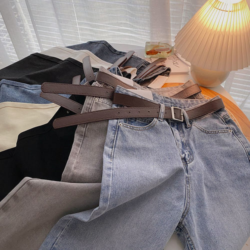 ZHISILAO Straight Jeans Women with Belt Vintage Basic Blue A