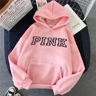 Letter Printed Pink Hoodie Pullover Sweatshirt Women Long Sl