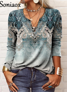 Vintage Geometric U-Neck Button T-Shirt Women  Autumn Elegan