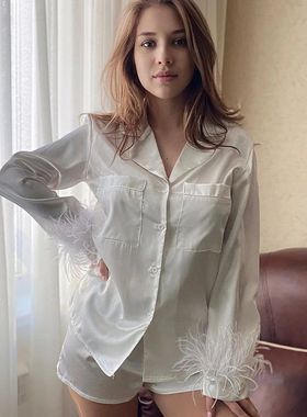 Restve Feathers Pajamas Women 2 Piece Set Long Sleeve Turn D