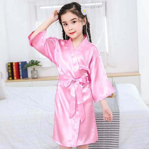 Summer Girls Silk Robe Solid Color Children's Pajamas Soft K