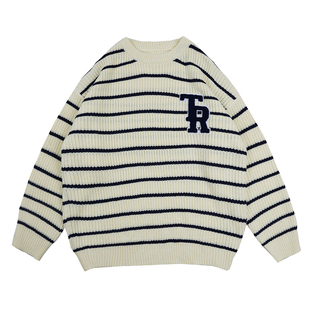 Harajuku Letter Embroidery Striped Round Neck Knitted Sweate