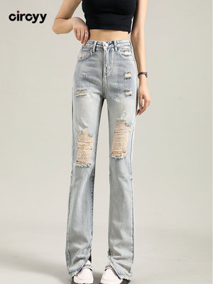 Circyy Ripped Jeans Women High Waisted Straight Light Blue D