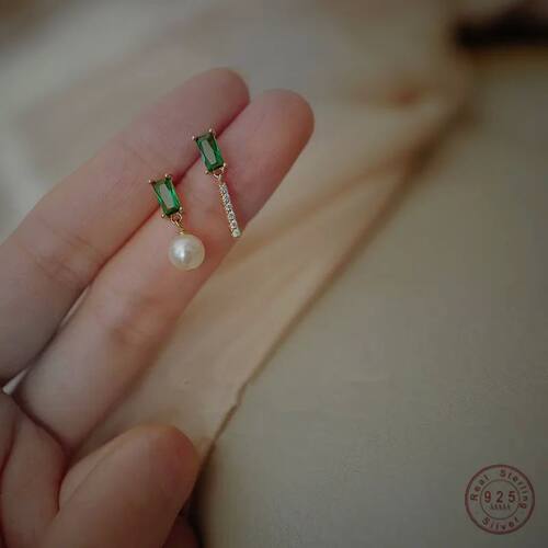 925 Sterling Silver French Simple Emerald Pearl Earrings Wom