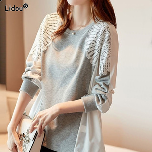 O-Neck Patchwork Blended Cotton Casual Lace Spring Autumn Lo