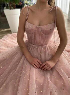 2022 Gold Stars Dusty Pink Tulle Prom Dresses Spaghetti Stra