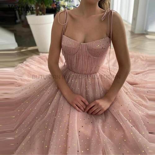 2022 Gold Stars Dusty Pink Tulle Prom Dresses Spaghetti Stra