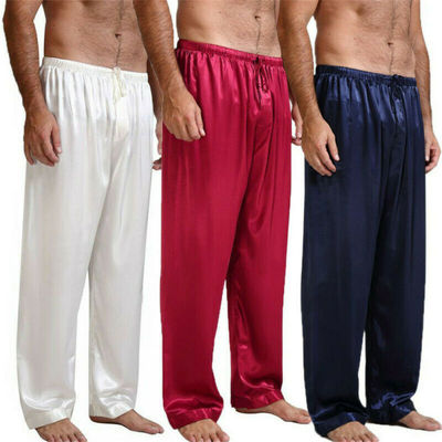 Casual Men Pants Loose Silk Satin Pajamas Nightwear Sleepwea