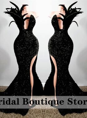 Glittering Black Mermaid Prom Dress 2022 Side Split Feathers