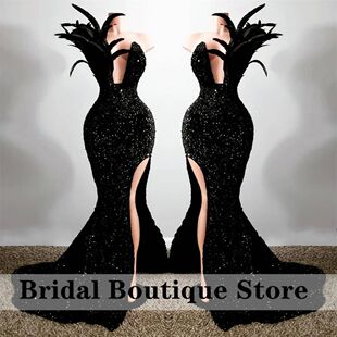 Glittering Black Mermaid Prom Dress 2022 Side Split Feathers