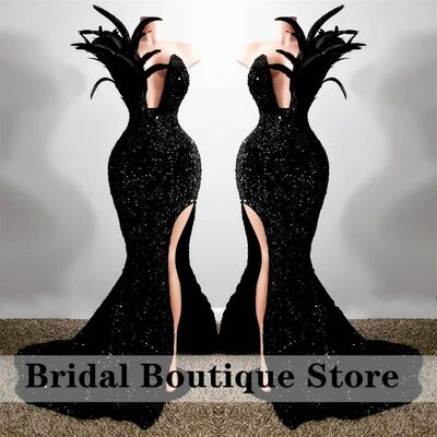Glittering Black Mermaid Prom Dress 2022 Side Split Feathers