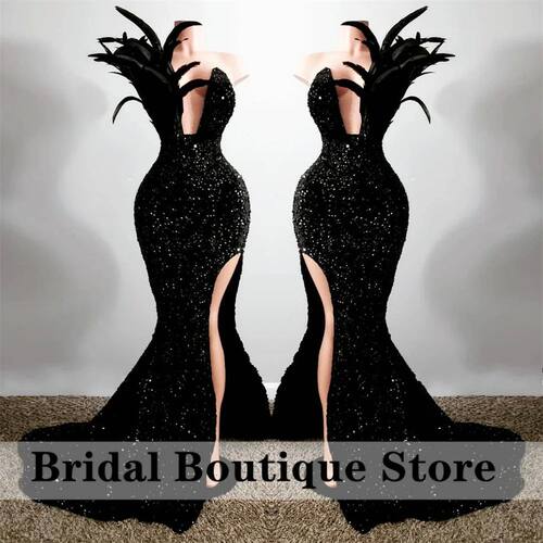 Glittering Black Mermaid Prom Dress 2022 Side Split Feathers