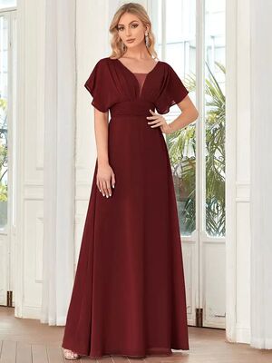 Elegant Evening Dresses Double V-neck a flowy skirt and Ruff