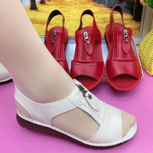Women Sandals Zipper Flat Soft Pu Leather Sole Comfy Sandali