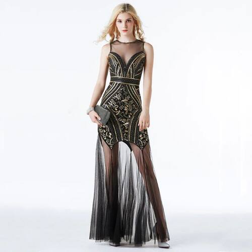 YIDINGZS 2022 New See Through Tulle Sequin Dress Sexy Evenin