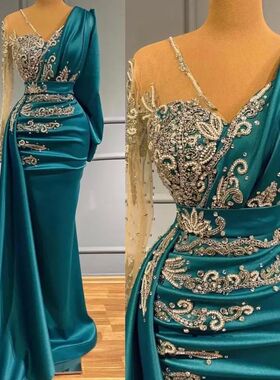 Long Sleeve Evening Dresses Formal Occasion Wear Gold Appliq