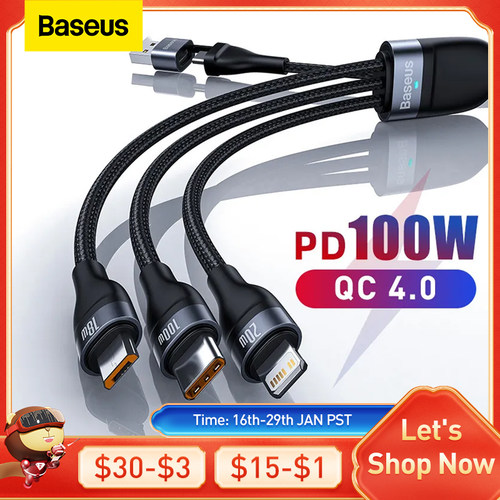 Baseus 3 in 1 USB C Cable for iPhone 14 13 12 Pro 11 XR Char